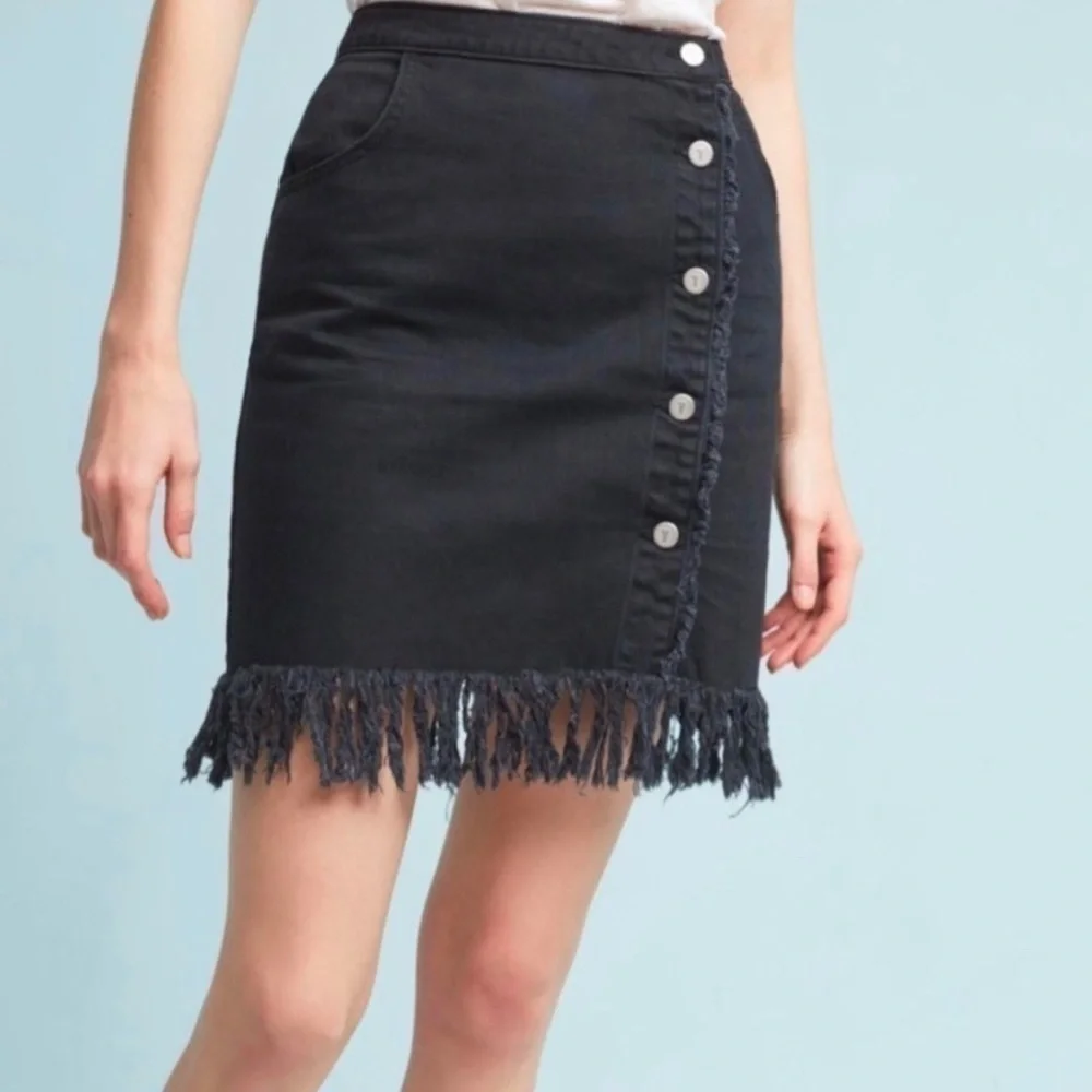 Anthropologie Pilcro Black Denim Fringe Button Up Skirt